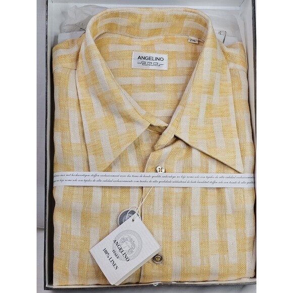 Angelino Button Down Shirt 2XL Yellow White Plaid Short Sleeve 100% Linen Italy - Picture 1 of 8